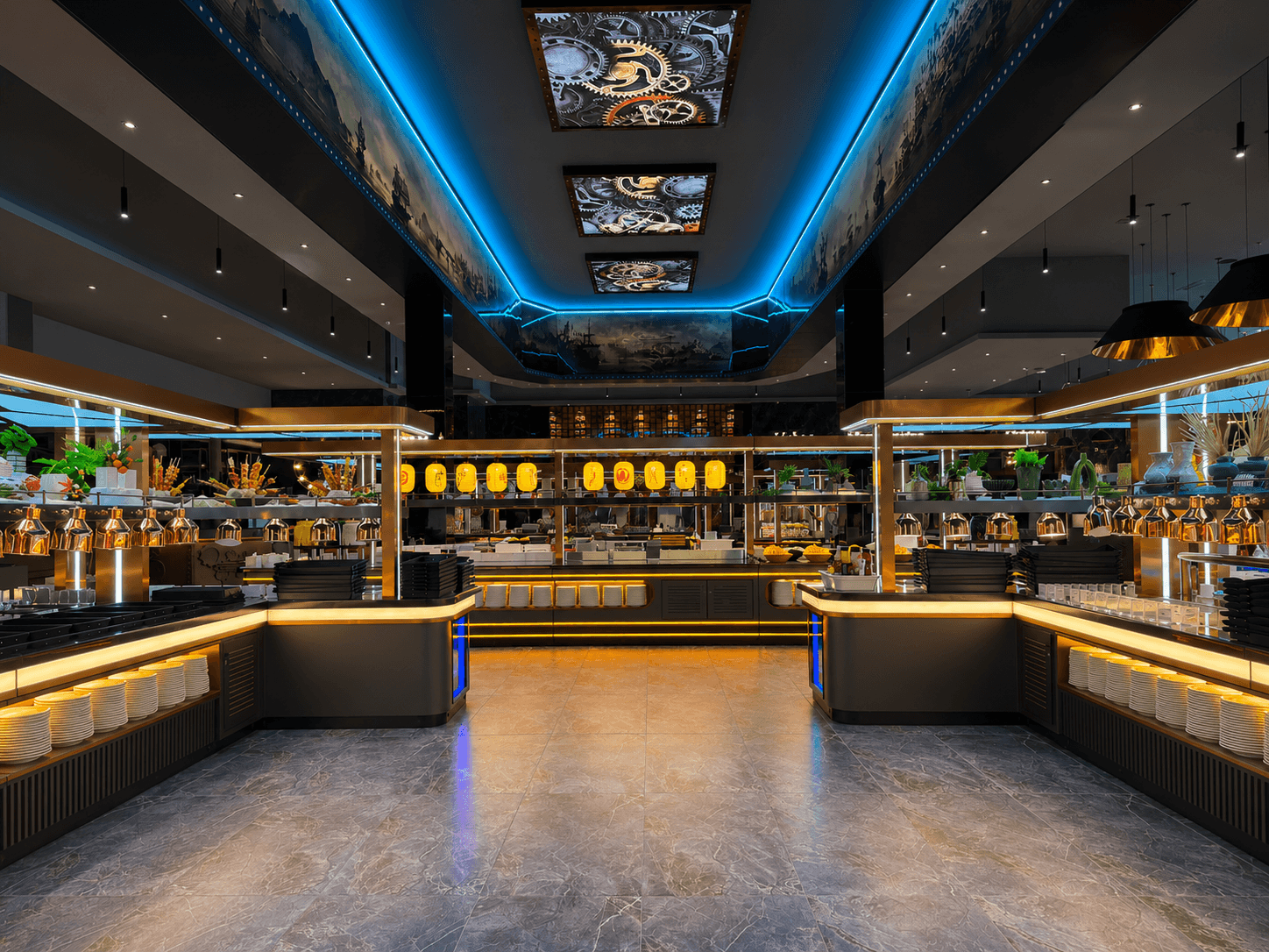 Interior amplo do Go Chef Cacém com balcão de buffet iluminado