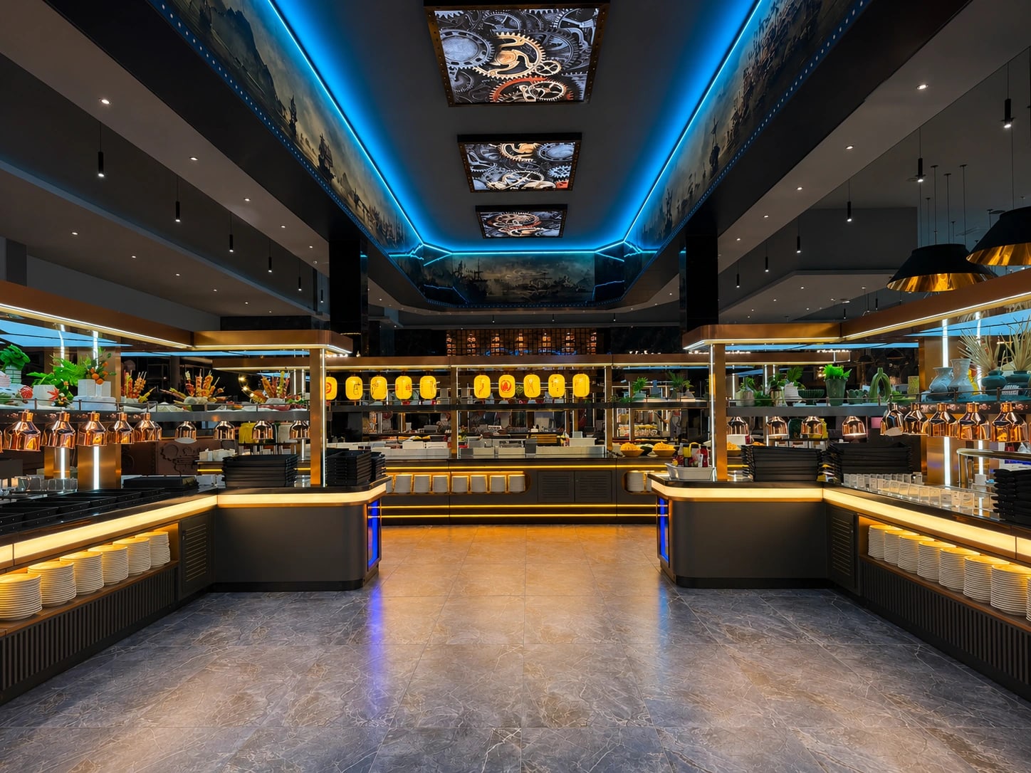 Interior amplo do Go Chef Cacém com balcão de buffet iluminado